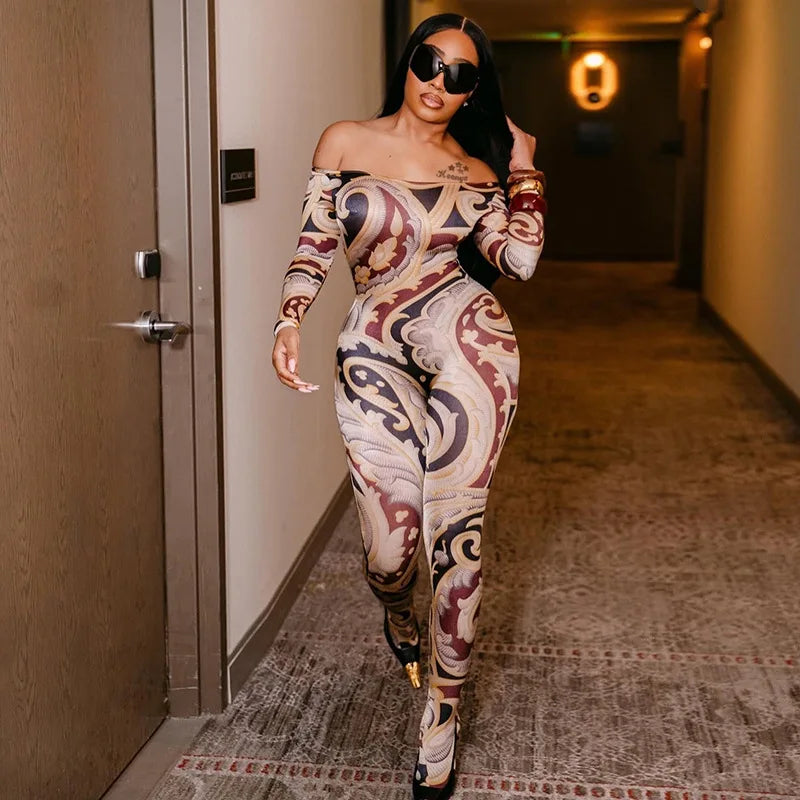 Soho Print One Shoulder Long Slimming Cross Border Jumpsuit