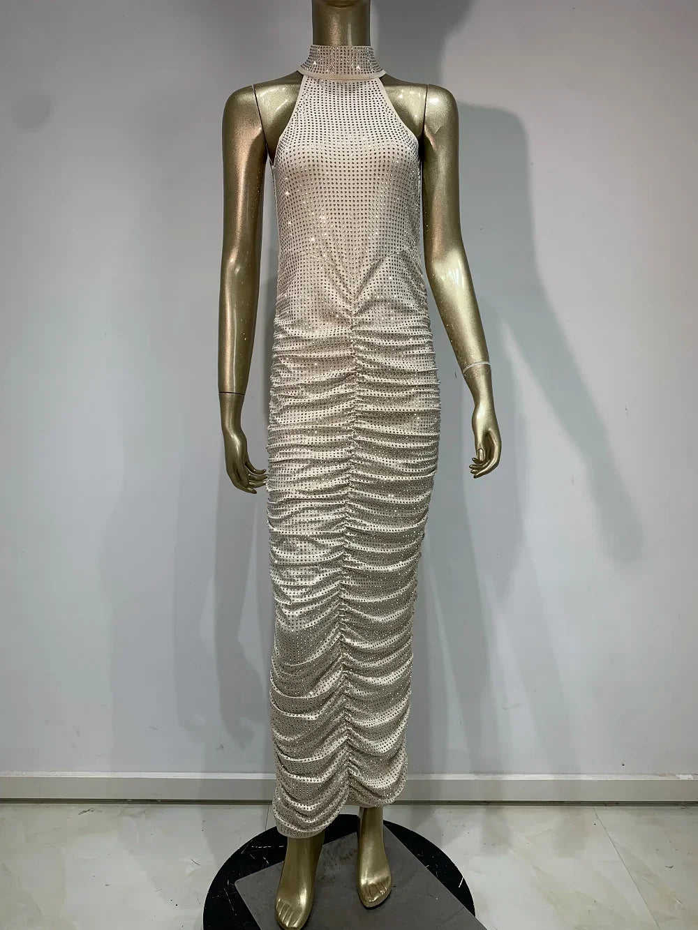 Yaphank Sleeveless Diamonds Backless Ruched Beige Maxi Long Dress