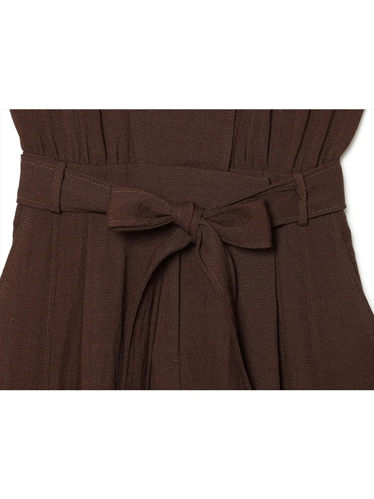 Women Long Jumpsuit 2026 Sleeveless Playsuits Elegant Solid Color Rompers Casual Stand Collar Belt Fashion Commuting Outfit