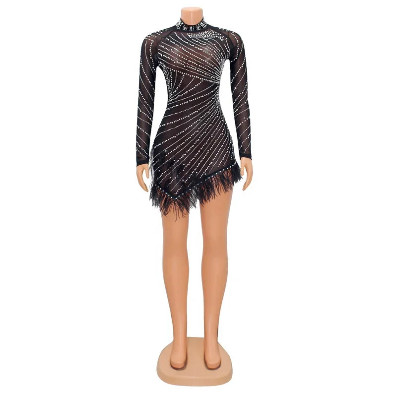 Whippany Pearls Rhinestone Party Elegance Nightclub Feather Mini Dress