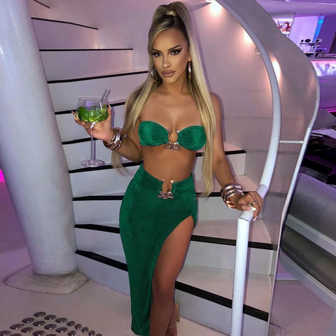 Nahomi Velvet Sexy Strapless High Waist Slit Two Piece Sets