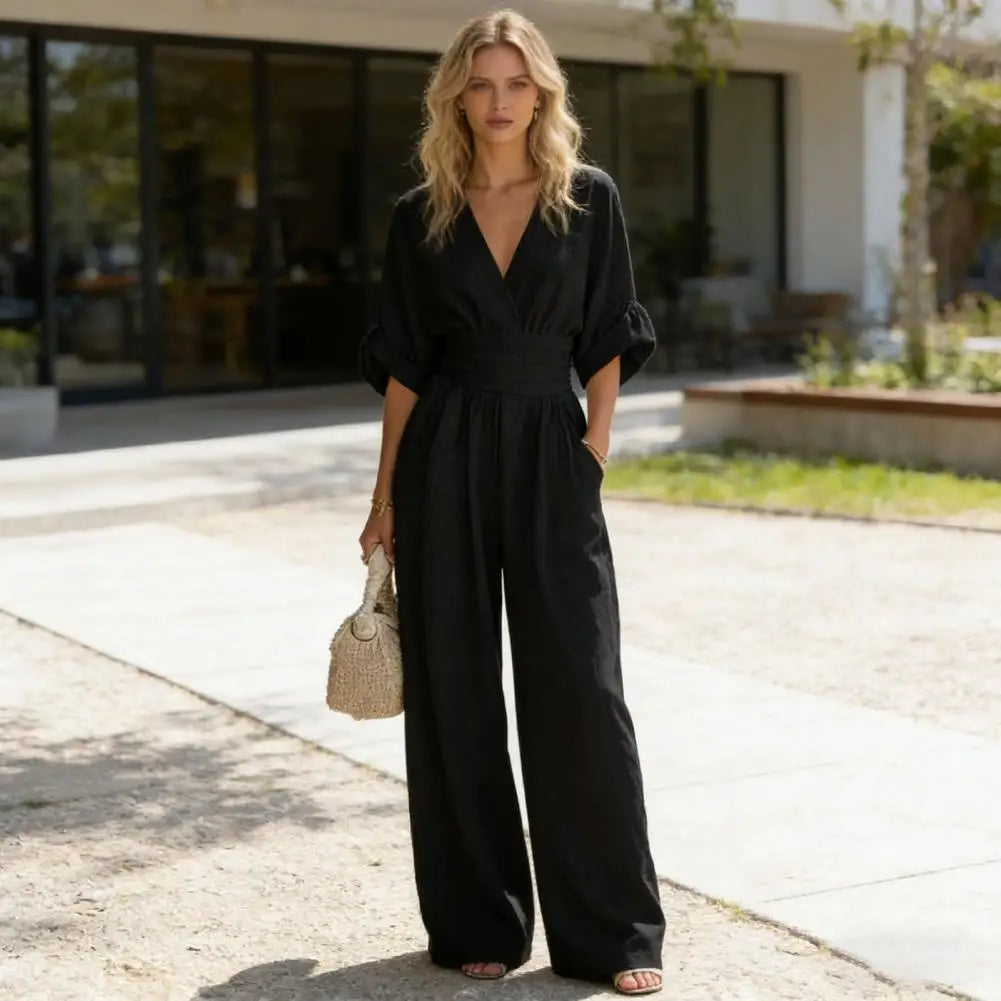 Women's Jumpsuit Fashion High Waist V-neck Casual Jumpsuits Sexy Solid Color Office Wide Leg Trousers Overalls Vacation Outfit