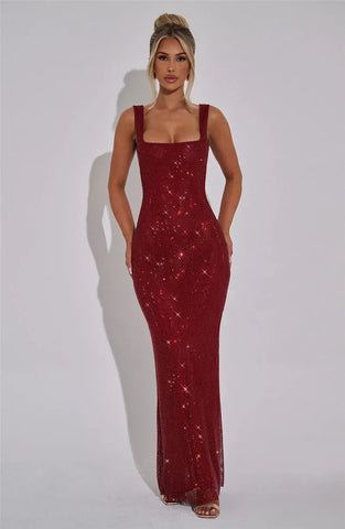 Bellport Sequins Backless Gown Sparkle Square Collar Sleeveless Bodycon Long Dress