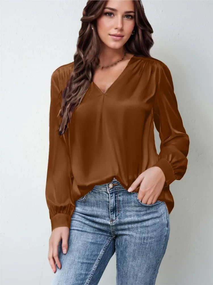 Elmer Solid Color V-Neck Long Sleeve Office Loose Elegant Blouse