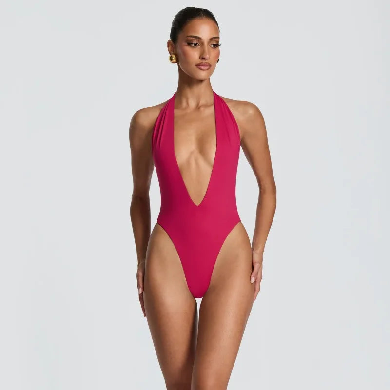 Flor Sexy Halter Plunge V Backless Two Piece Sets