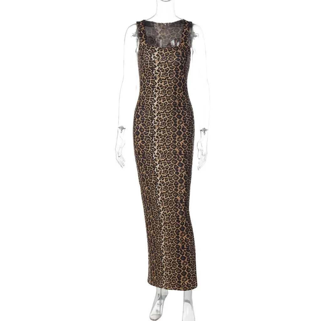Bath Beach Elegant Square Collar Sleeveless Bodycon Split Leopard Print Long Party Dress