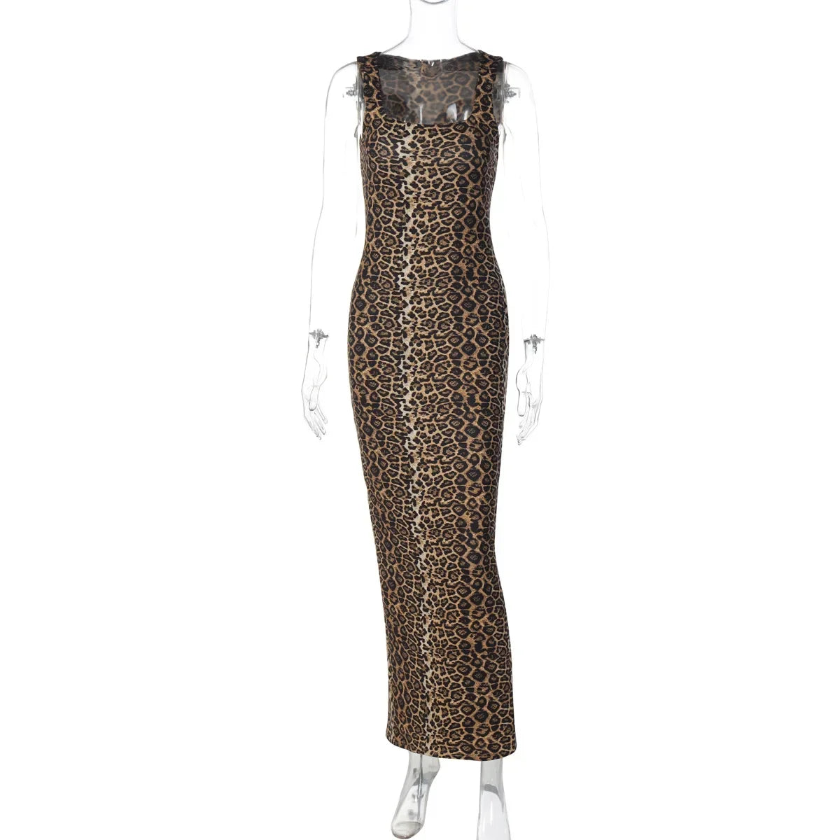Bath Beach Elegant Square Collar Sleeveless Bodycon Split Leopard Print Long Party Dress