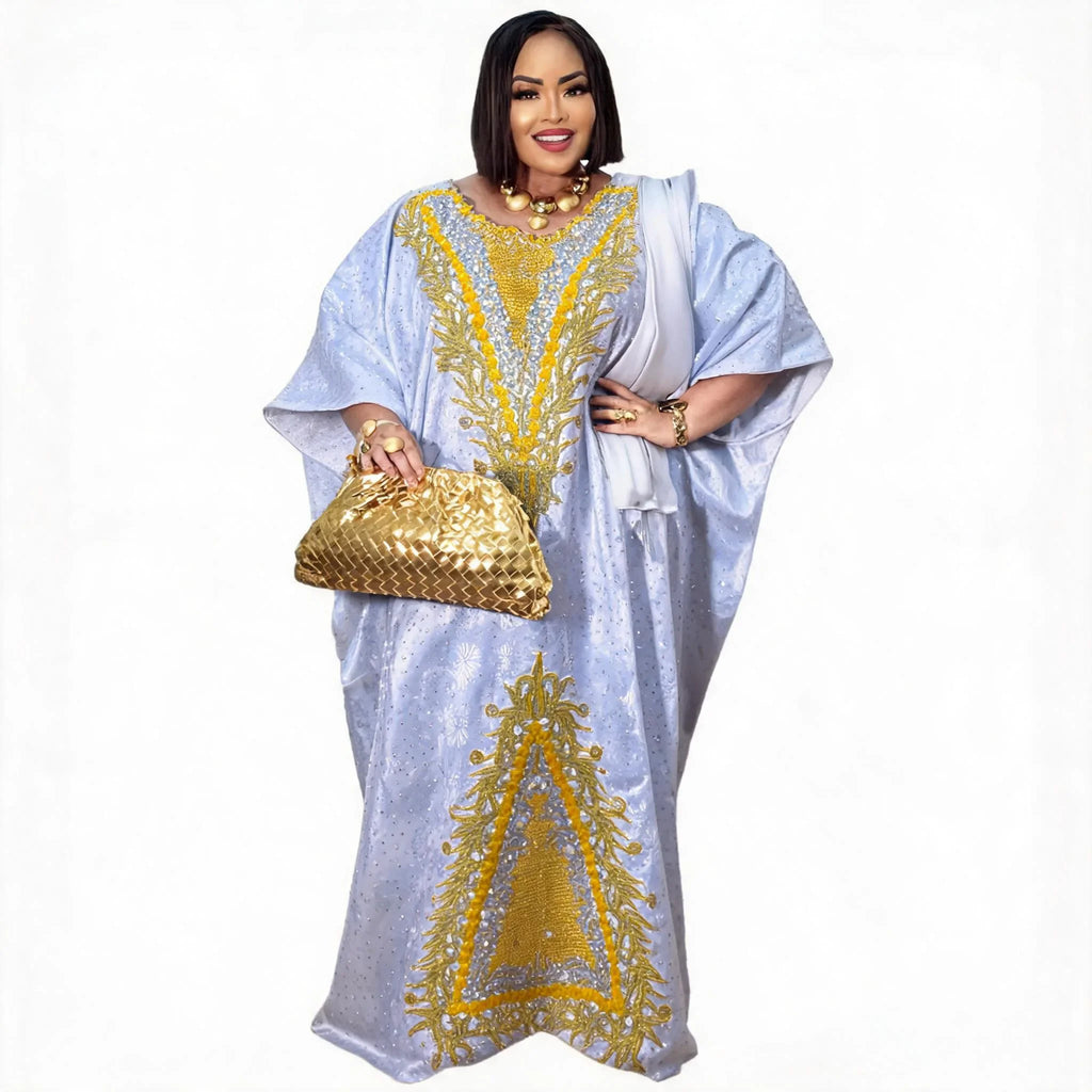 Long Branch Plus Size Bazin Riche Embroidery Design Long Dress With Scarf