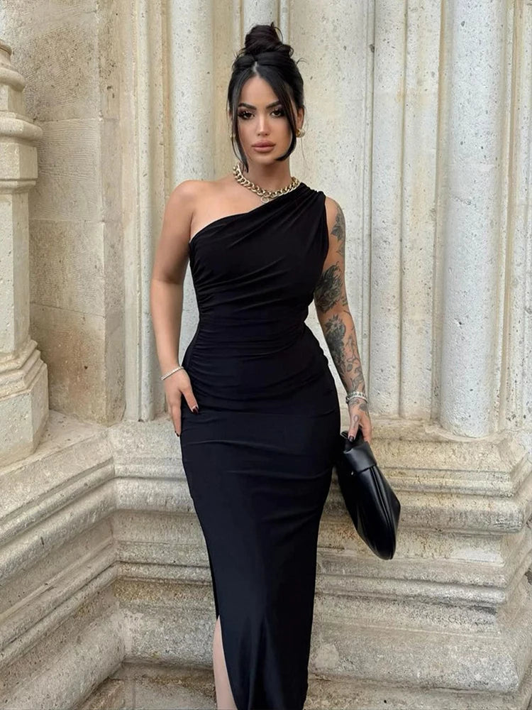 Maxi Sexy Split Black Sleeveless Backless Slim Off Shoulder Club Elegant Party Dresses