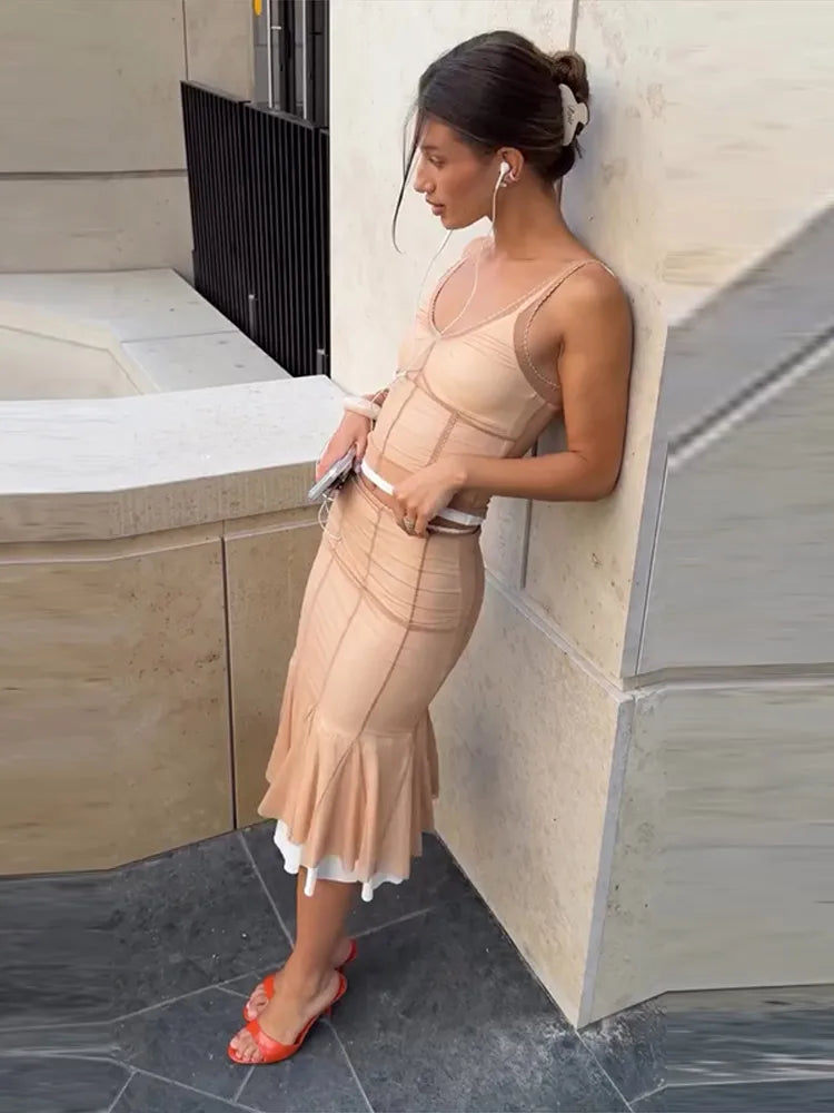 Eva Elegant Mesh Patchwork Female Two Piece Sets