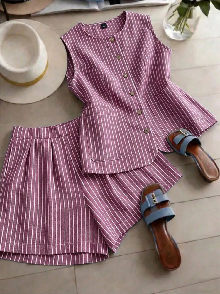 Yudy Summer New Striped Sleeveless Two Piece Sets