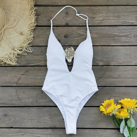 Champneuf Deep V Neck High Leg Backless Fashion Beachwear Outfits Set