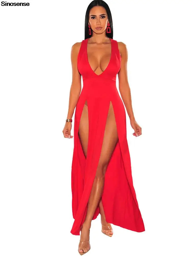 Byram Sexy Deep V Neck High Split Bodycon Cocktail Party Maxi Dress