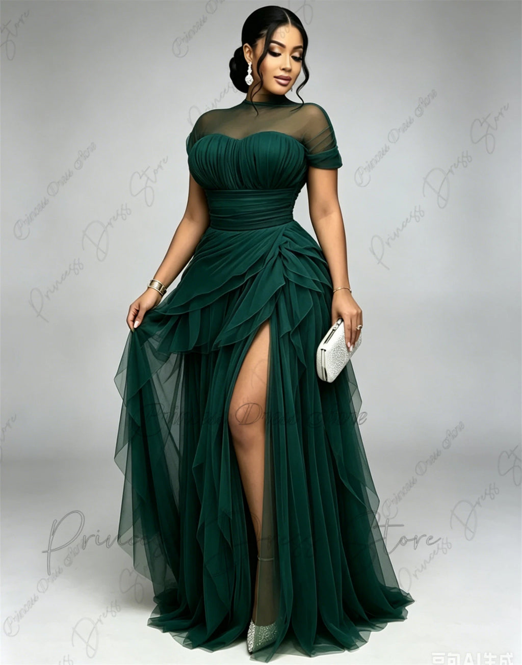 Bani Elegant Pleats Tulle Split Long Evening Gowns Birthday Party Dress