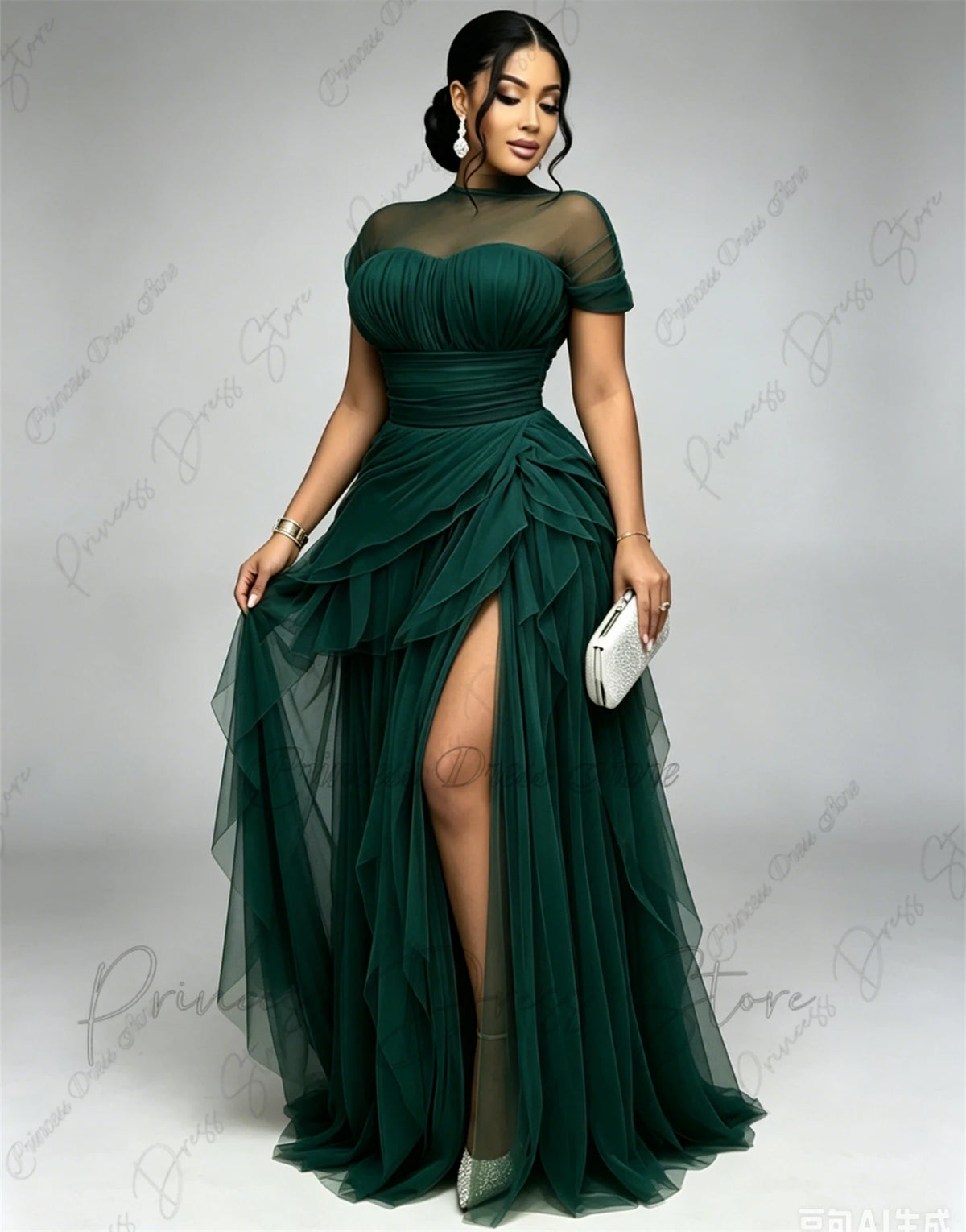 Bani Elegant Pleats Tulle Split Long Evening Gowns Birthday Party Dress