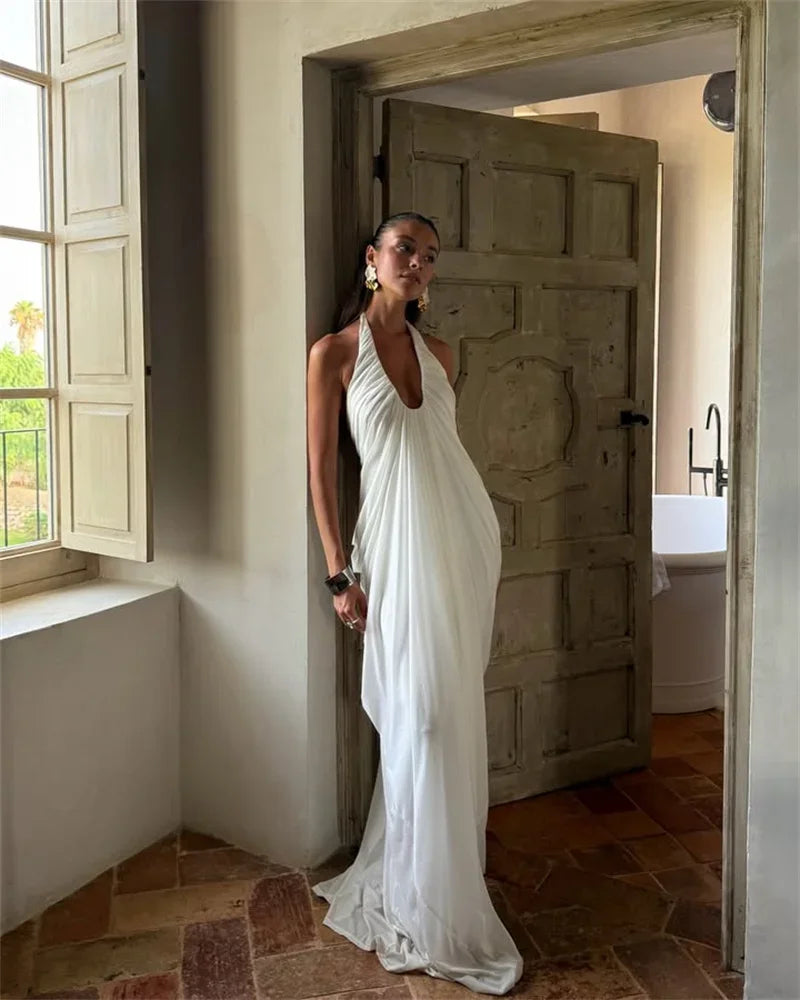 Elkins Mesh Halter Backless Sexy Gown Fashion Elegant V Neck Sleeveless Maxi Dress