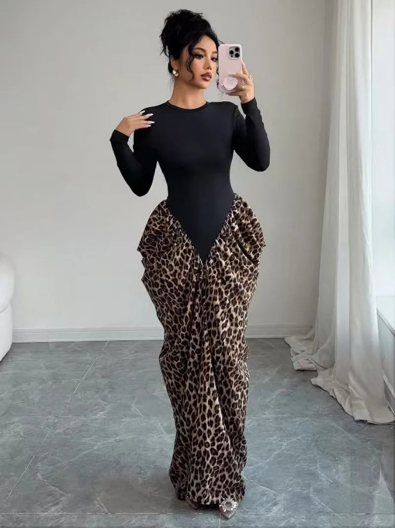 Brasil Plus Size Leopard Print Long Slimming Asymmetrical Floor-Length Dress