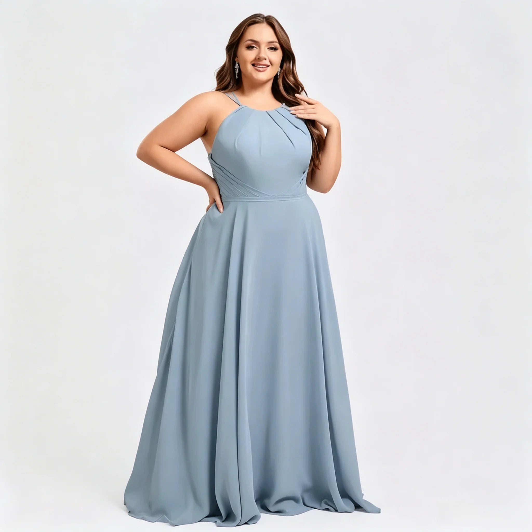 Los Mina Plus Size Halter Chiffon Bridesmaid Spaghetti Straps A Line Maxi Dress