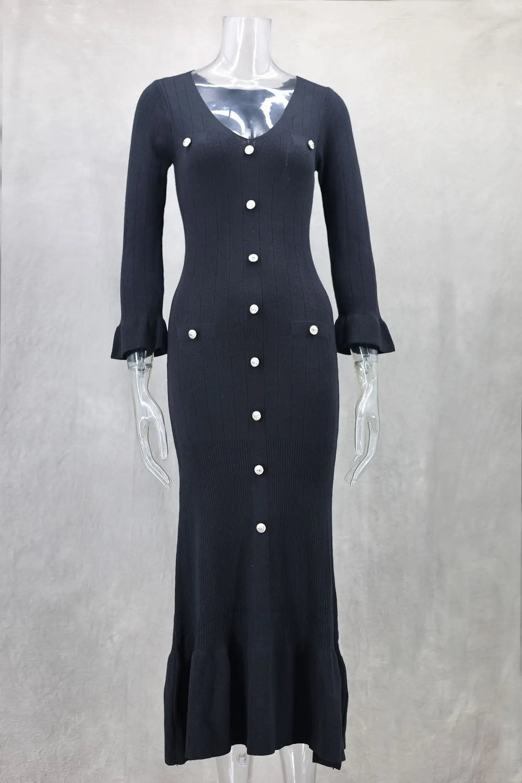 Tennessee Elegant Knitted Fashion V Neck Long Sleeves Slim Buttons Solid Color Long Dress