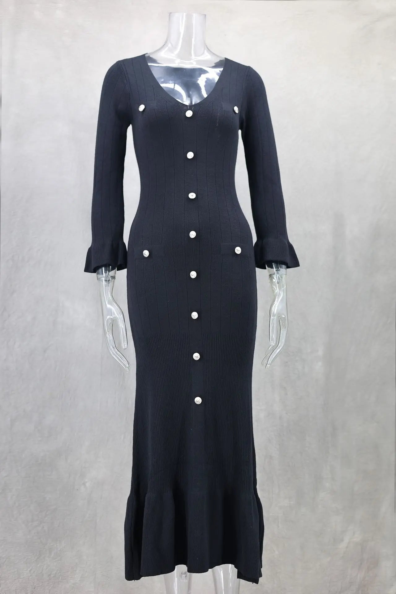 Tennessee Elegant Knitted Fashion V Neck Long Sleeves Slim Buttons Solid Color Long Dress