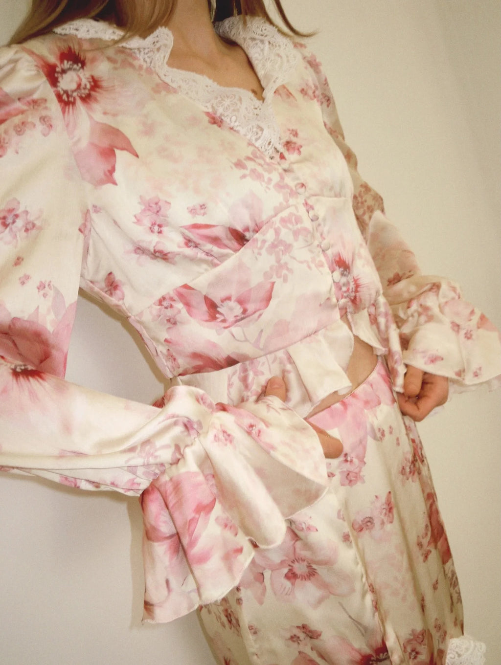 Alicia Floral Print V-Neck Flare Sleeve Mermaid Two Piece Sets