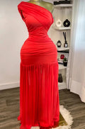 Elegant Skew Neck One Sleeve Off Shoulder Mesh Slit Long Maxi Dresses
