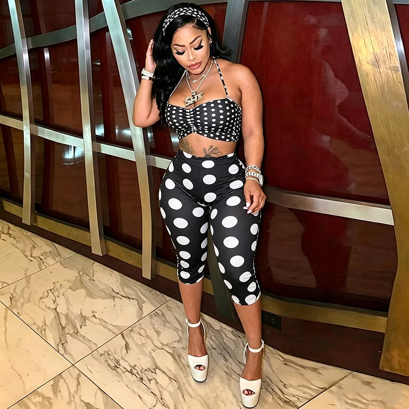 Nikki Polka Print Neck Strap Tight Fitting Three Piece Sets