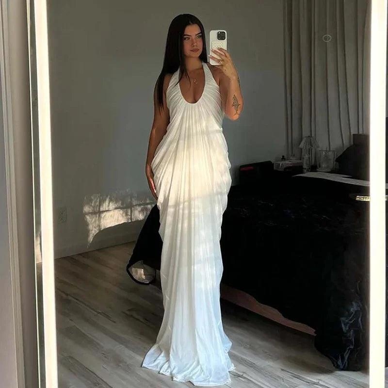 Elkins Mesh Halter Backless Sexy Gown Fashion Elegant V Neck Sleeveless Maxi Dress