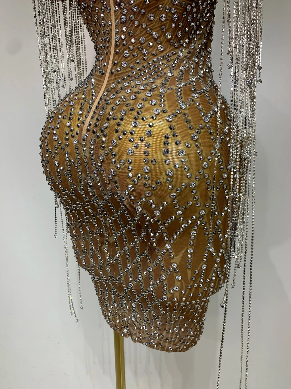 Bedford Luxury Sparkly Rhinestones Tassel Transparent Mesh Stretch Long Dress