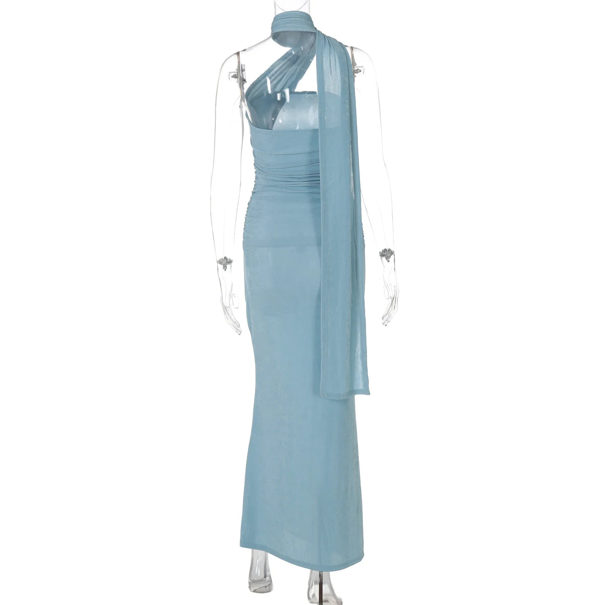 Chicago Halter Solid Sleeveless Backless Ruched Sexy Bodycon Maxi Prom Dress