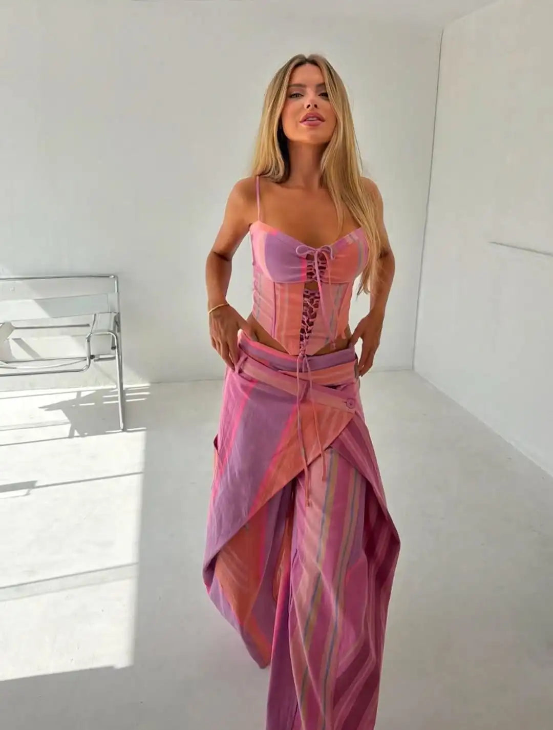 Sanely Patchwork Slash Neck Lace Up Two Piece Sets