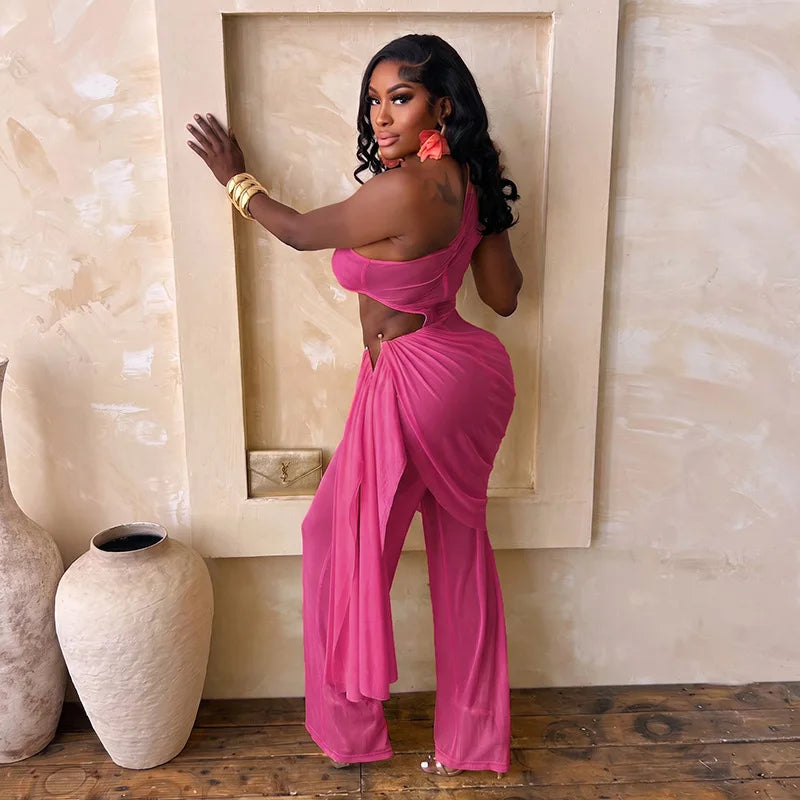 Alabama Mesh See Through One Shoulder Cutout Waist Jumpsuit Draped Overlay
