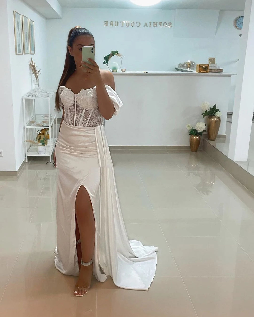 La Vega Long Off the Shoulder Party Appliques High Split Cocktail Gown Dress