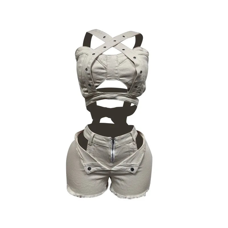 Temblant Straps Crop Cut Out Clothes Streetwear Two Piece Club Outfits Set