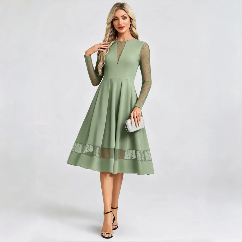 Benice Black Midi Cocktail Polka Dot Mesh Long Sleeve Illusion A‑Line Swing Dress