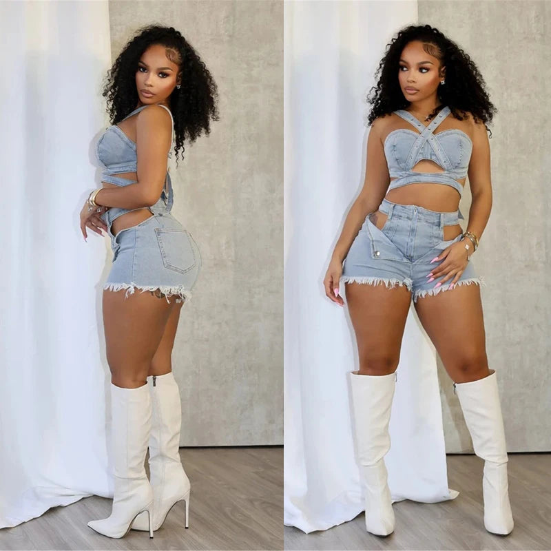 Temblant Straps Crop Cut Out Clothes Streetwear Two Piece Club Outfits Set