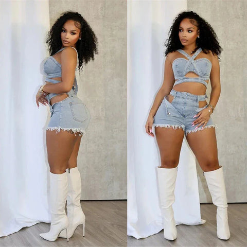 Temblant Straps Crop Cut Out Clothes Streetwear Two Piece Club Outfits Set