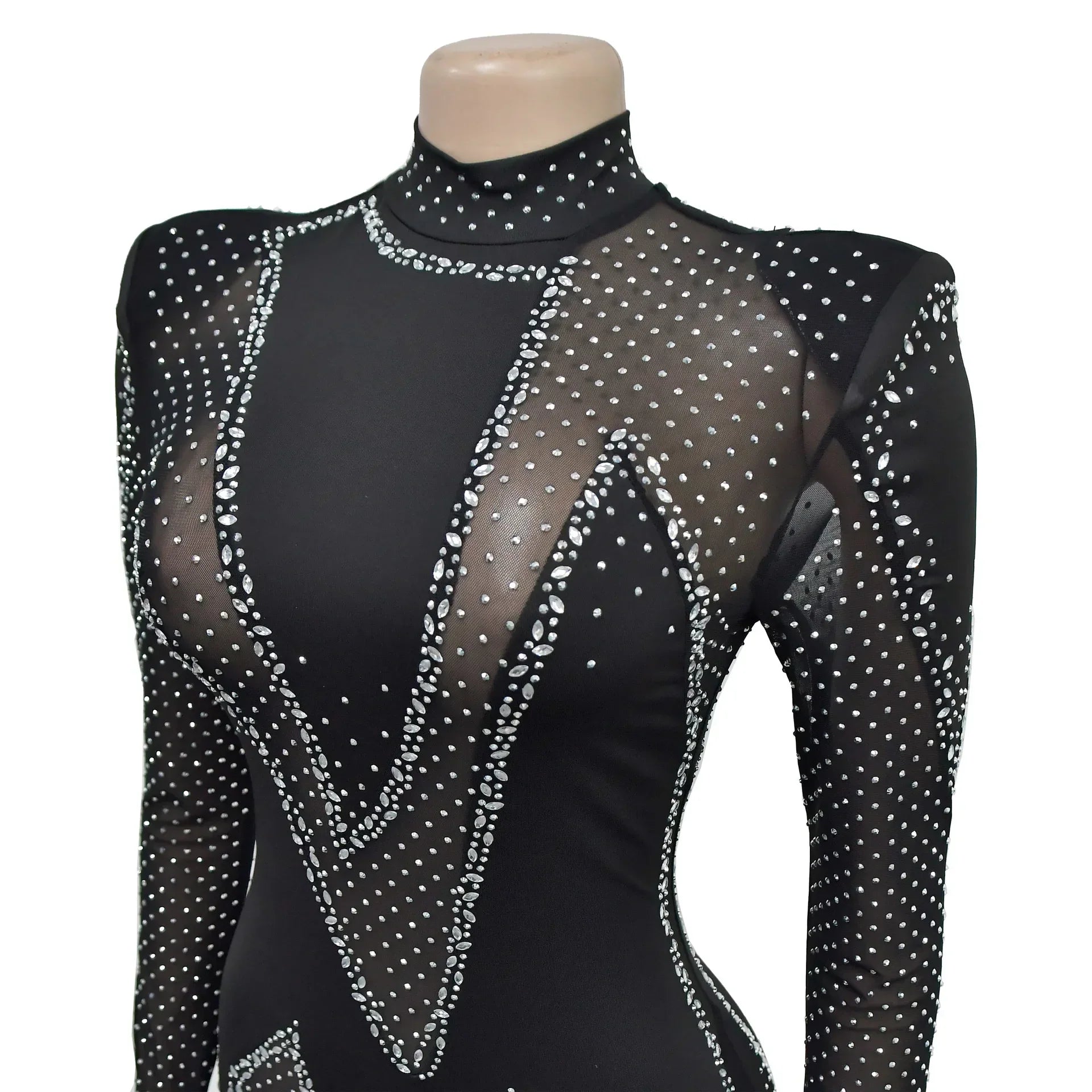 Upper West Sparkly Rhinestone Perform Costume Long Sleeve Sheer Mesh Jumpsuit