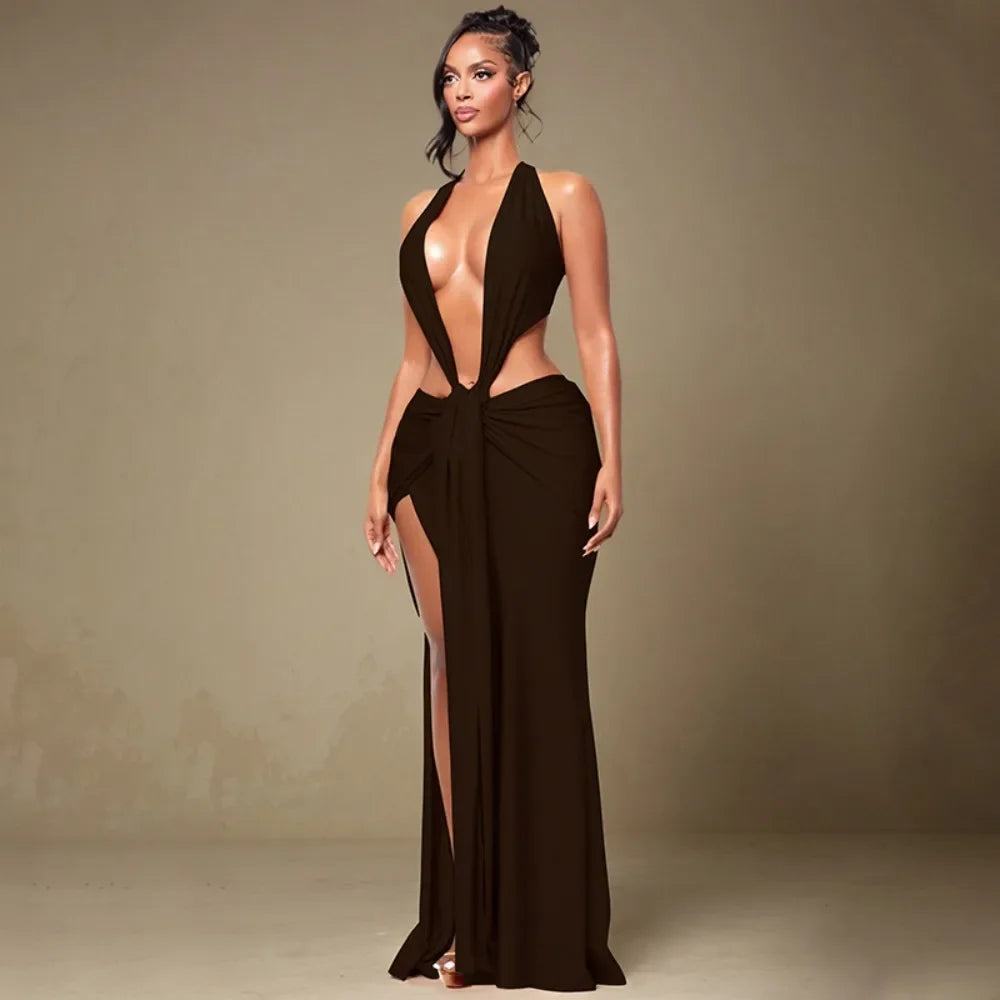 Ancram Hollow Backless Sexy Halter Deep V Neck Sleeveless Ruched Patchwork Dresses