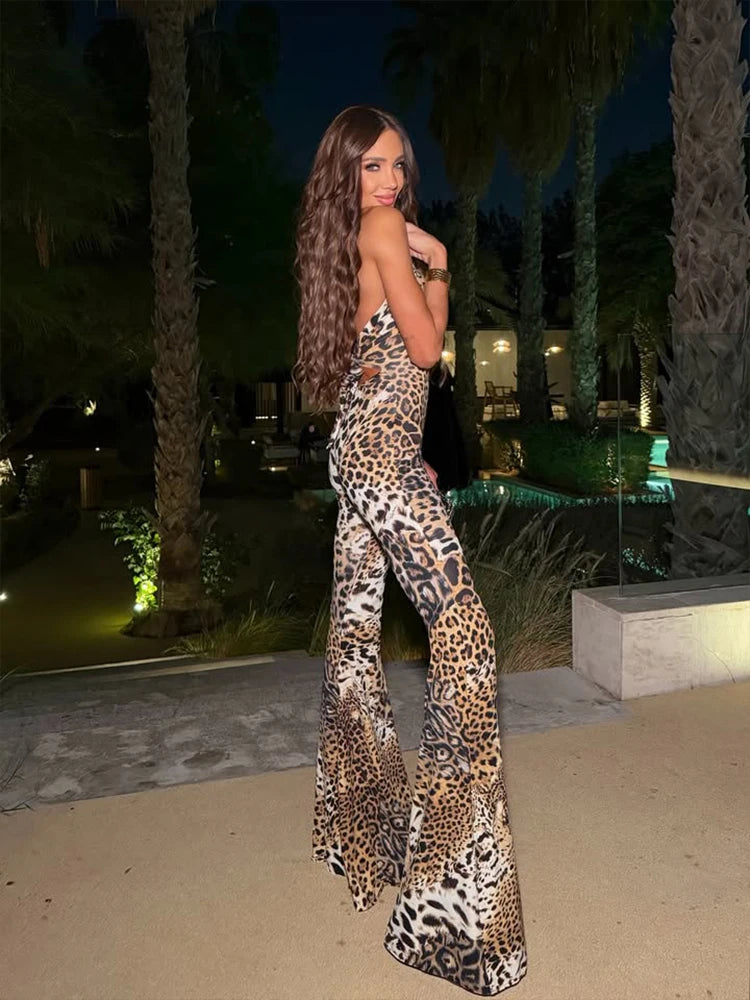 Stratford Halter Backless Skinny Flare Streetwear Bandage Hollow Out Leopard Jumpsuit