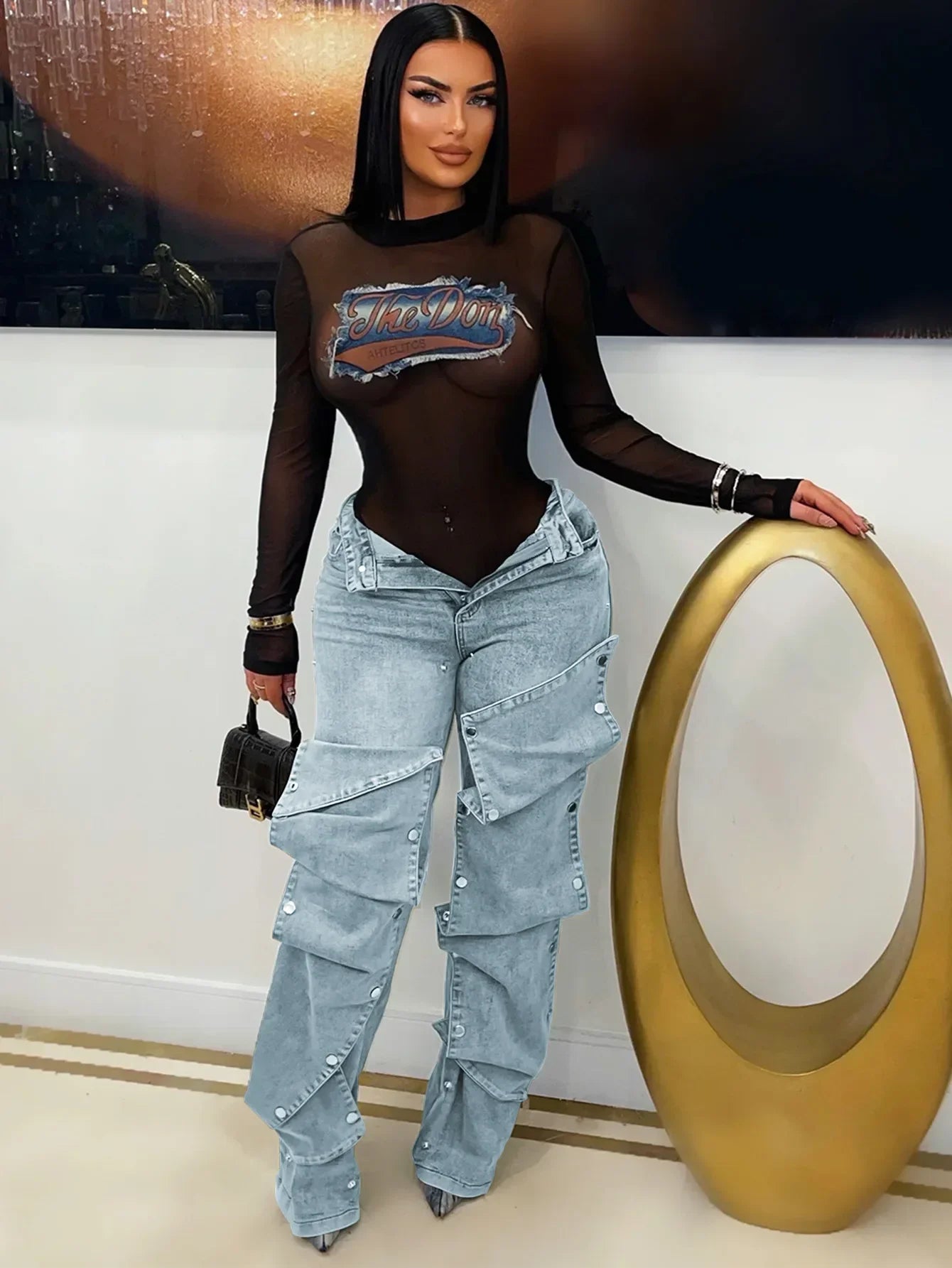 Goshen Cargo High Waist Elegant Streetwear Denim Straight Trousers