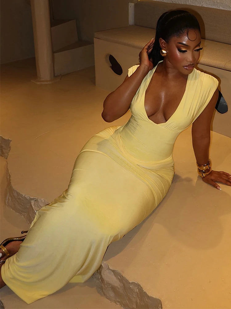 Elmora Sexy Ruched Bodycon Solid Sleeveless V-Neck Slim Long Maxi Dresses