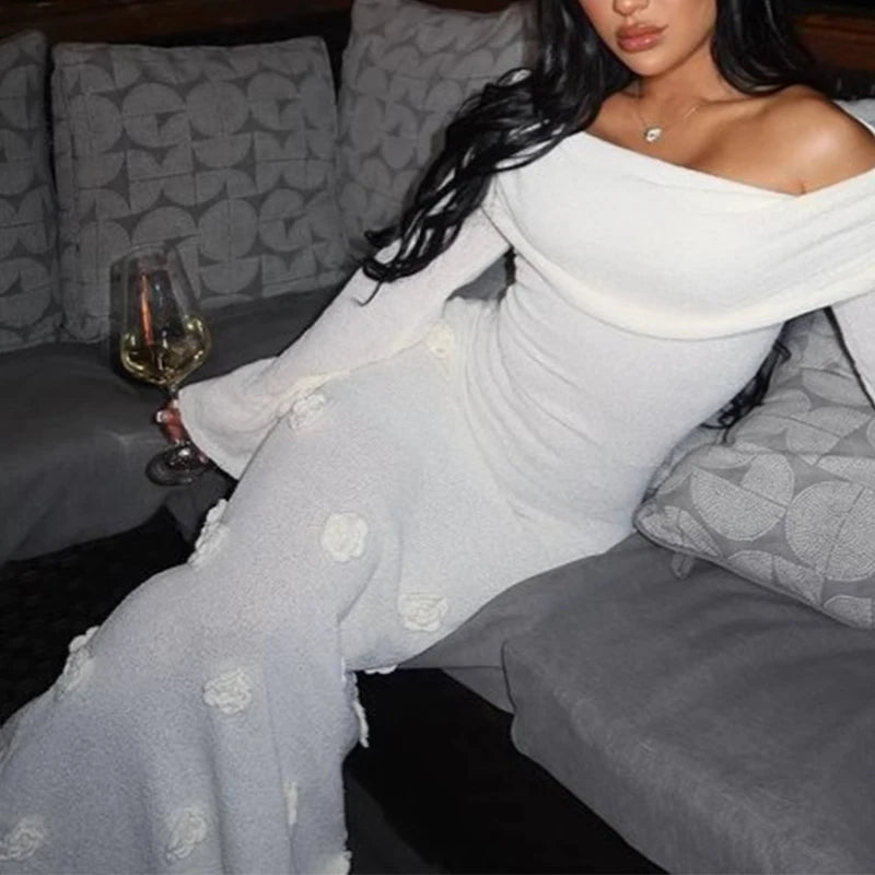 Union Slim-Fit Knitted Long Sleeve Floral Decoration One Shoulder Dress
