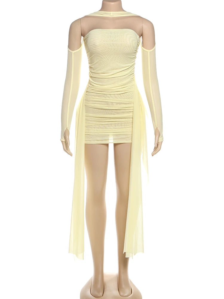 Edison Sexy See Through Dress Shawl Ruched Side Ribbon Coquette Skinny Dress