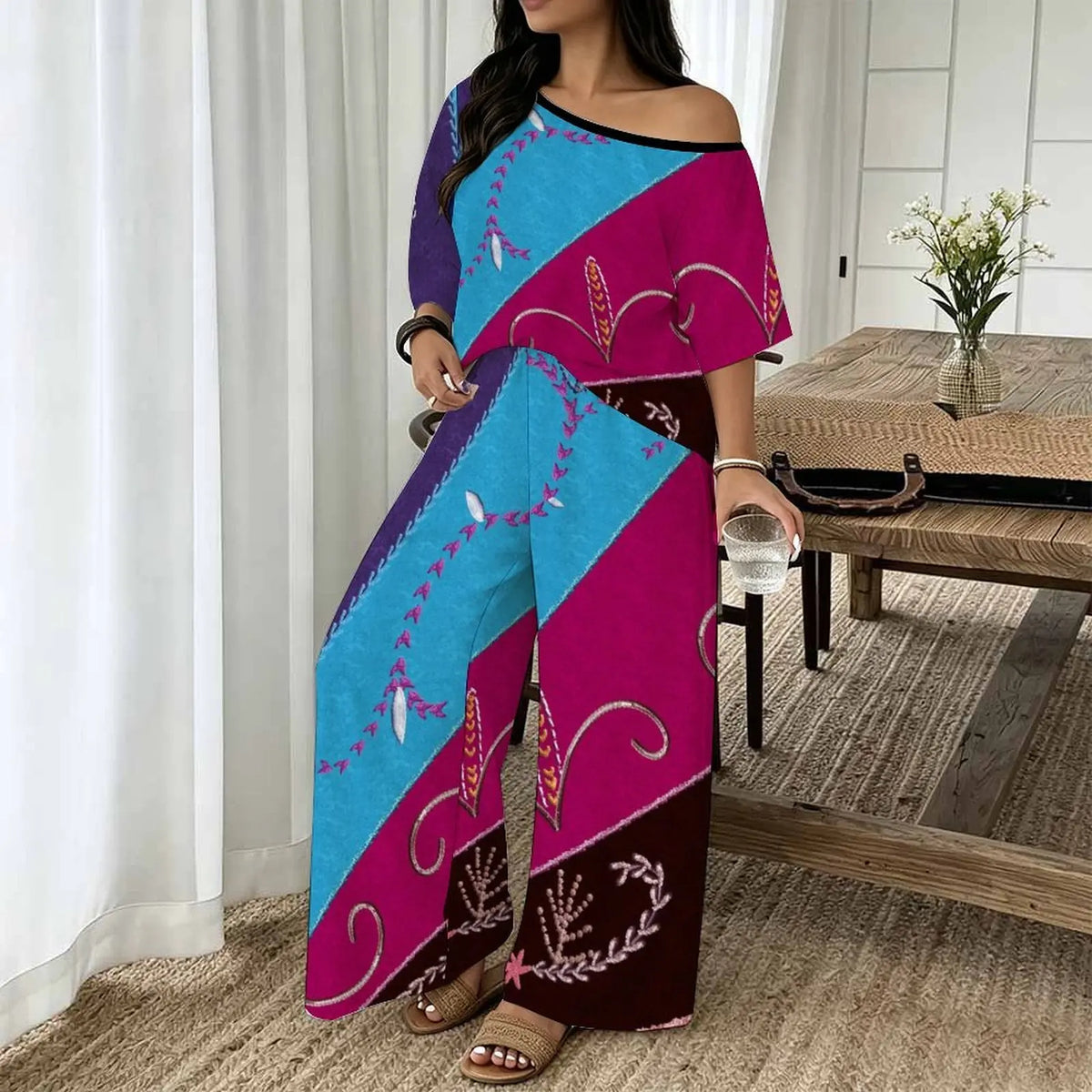 Vietnam Plus Size Printed Two Piece Set Street Retro Look