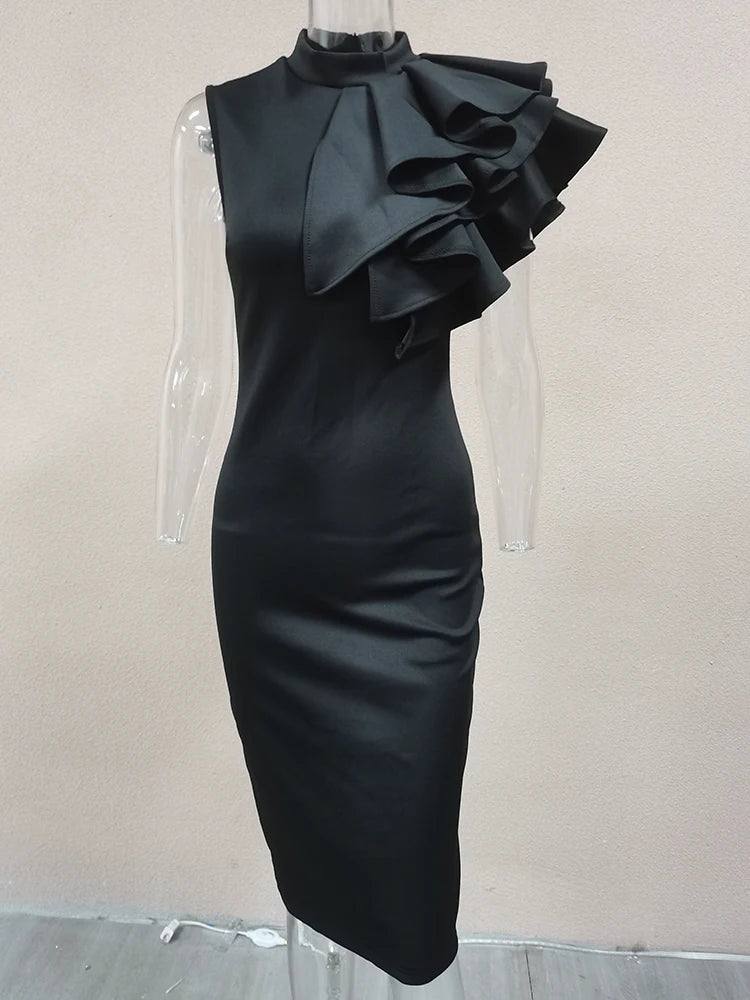 Bardonia Fashion Bodycon High Neck Sleeveless One Shoulder With Flower Ruffle Dress