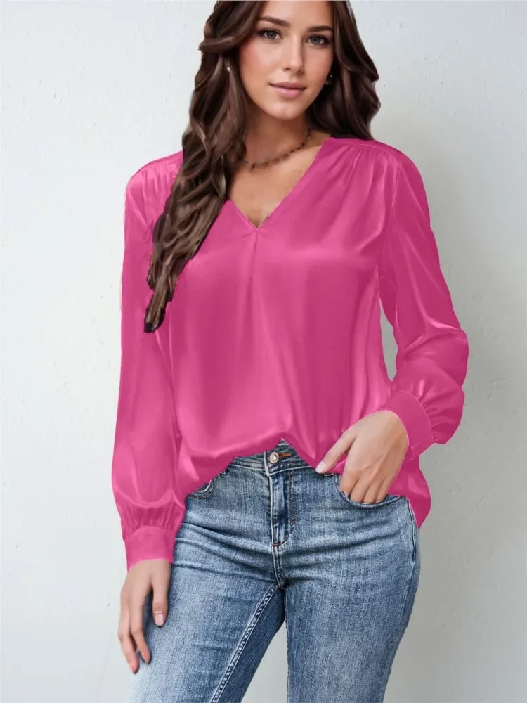 Elmer Solid Color V-Neck Long Sleeve Office Loose Elegant Blouse