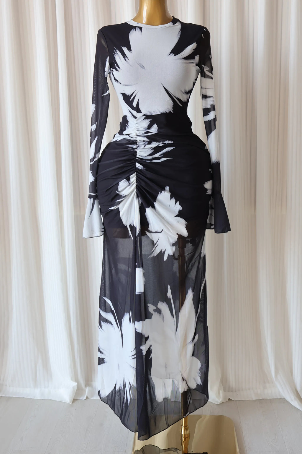 Hackensack Tie Dye Print O-neck Ruched Bodycon Long Maxi Dress