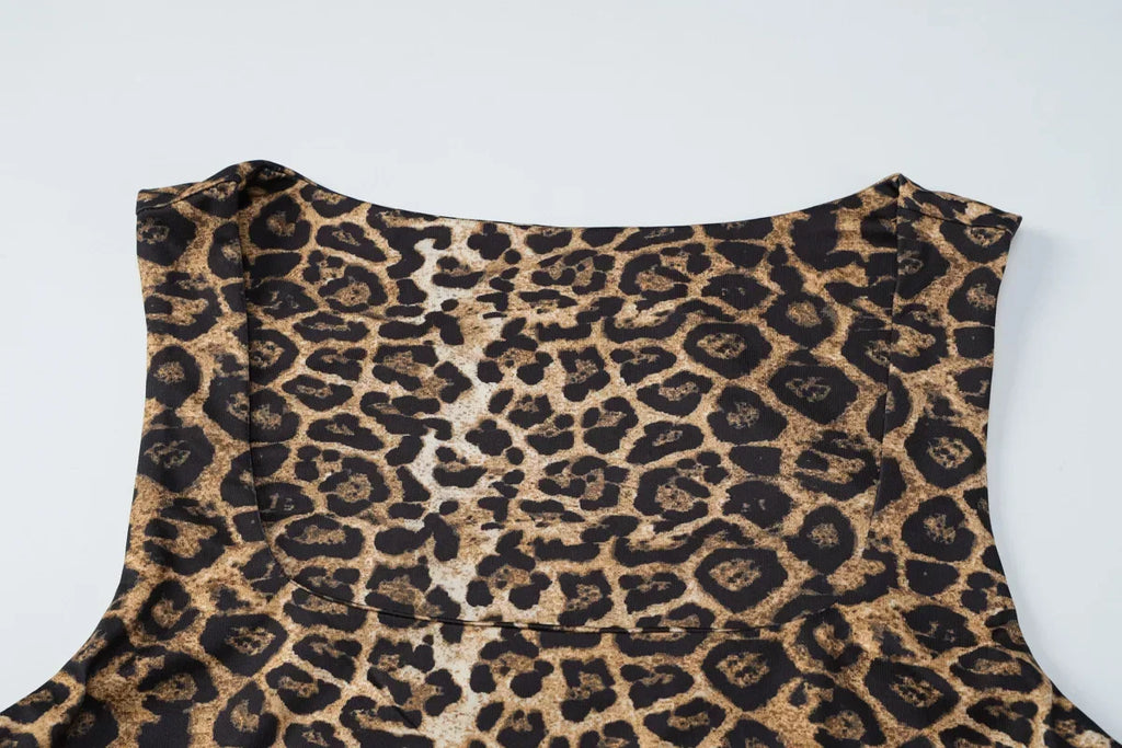 Bath Beach Elegant Square Collar Sleeveless Bodycon Split Leopard Print Long Party Dress