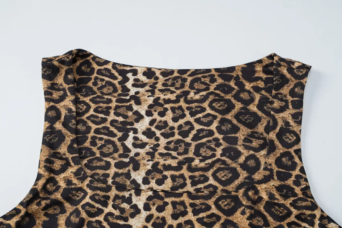 Bath Beach Elegant Square Collar Sleeveless Bodycon Split Leopard Print Long Party Dress
